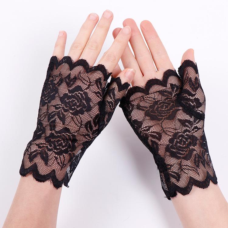 Ladies' Summer Half Finger Lace Sunscreen Gloves, Exposed Finger Thin Half Cut Gloves For Driving And Outdoor Sports
