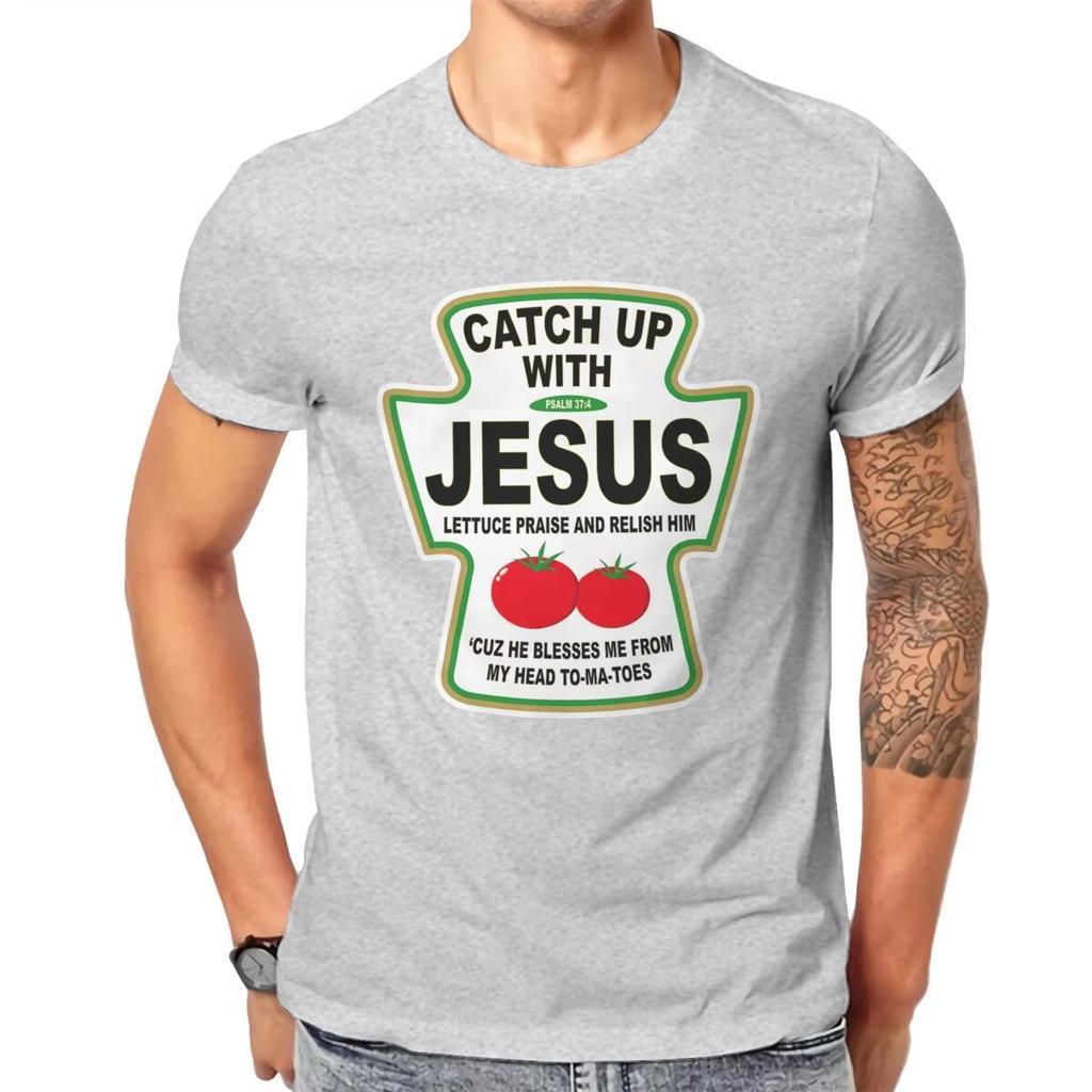Christian Catch Up with Jesus Ketchup Mens T Shirt Christ Religion Casual Tee Shirt TShirts Cotton Printed Tops Unisex