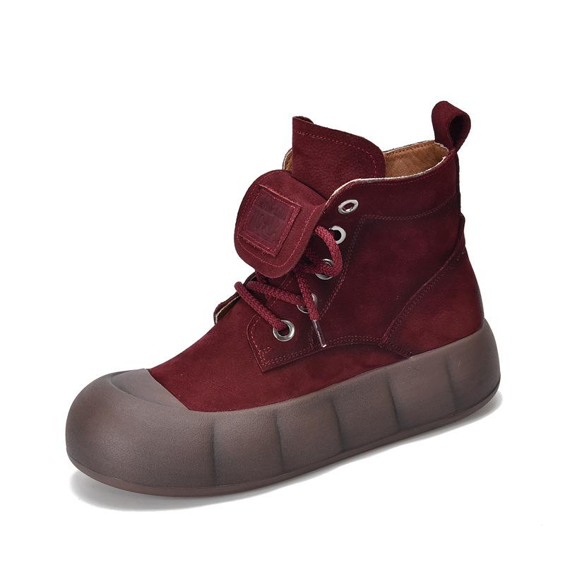 

Johnature Ретро Ботильоны из Натуральной Кожи на Плоской Подошве с Круглым Носком, Универсальные Женские Ботильоны на Шнуровке 40 вино красного