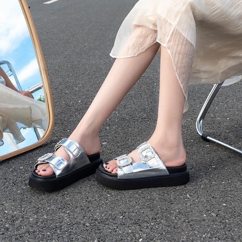 Thick-soled One-word with Rhinestone Square Buckle Outside Slippers Women's Summer New Fashion Casual Muffin Bottom Beach Sandals Women