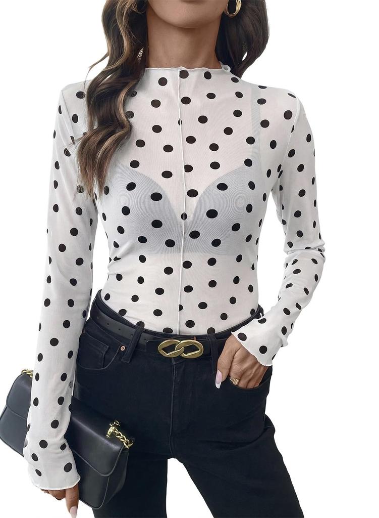 Women Sheer Polka Dot Mesh Half High Neck Long Sleeve Sexy T Shirt Top