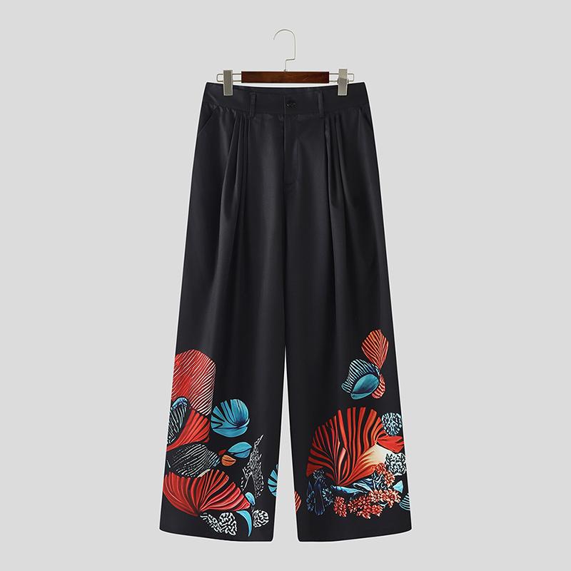 

INCERUN Men Zip-up Waist Floral Printing Casual Loose Long Pants Trousers with Pockets