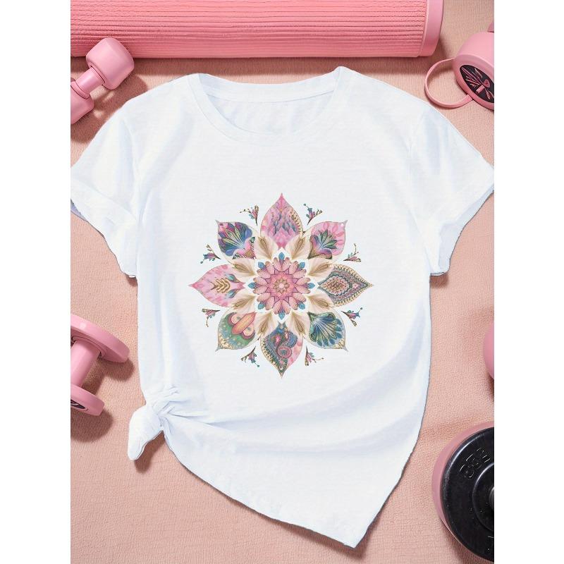 

Женская спортивная футболка с круглым вырезом и коротким рукавом, цветочный узор, стильный повседневный спортивный топ S белый