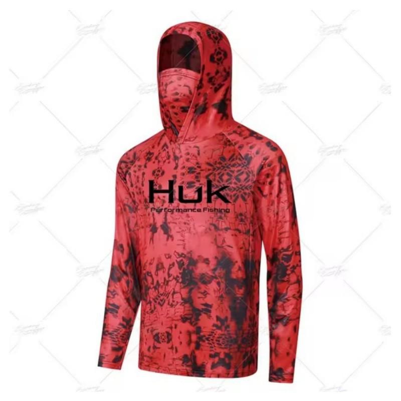 

HUK Fishing Hooded Shirt Mask Anti-ultraviolet Collar Suit Men s Long-sleeved Breathable Quick-drying T-shirt XS