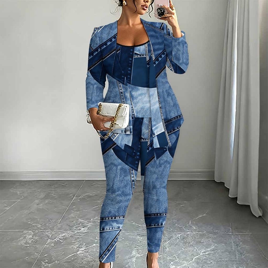 Plus Size Geometric Pattern Print 3 Piece Outfit, Long Sleeve Open Front Cardigan Cami Top Leggings Set for Women