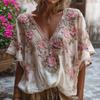 Women's V Neck Short Sleeve Floral Embroidered Regular Fit Casual Blouse Top