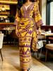 Donna Giallo Viola Stampa Tribale Maxi Abito Manica a Kimono Scollo a V Drappeggiato Vita Incrociata Bodycon Elegante Abito