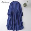 Japanese Mori Girl Spring Autumn Women Midi Dress Ruffled Collar Navy Blue Lace Up Dress Long Sleeve Vintage Elegant Cotton Dress