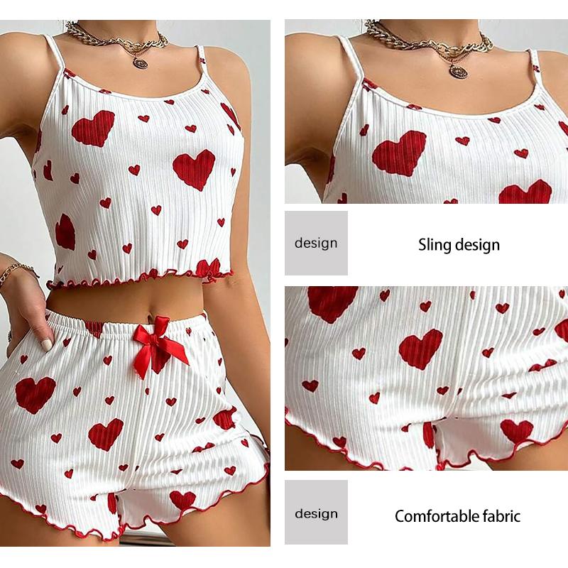 Damen Pyjama Set Nachtwäsche 2 Teile Kurze Tanktops und Shorts Weiß Belüftet Weich Lässig Liebe Druck CLE