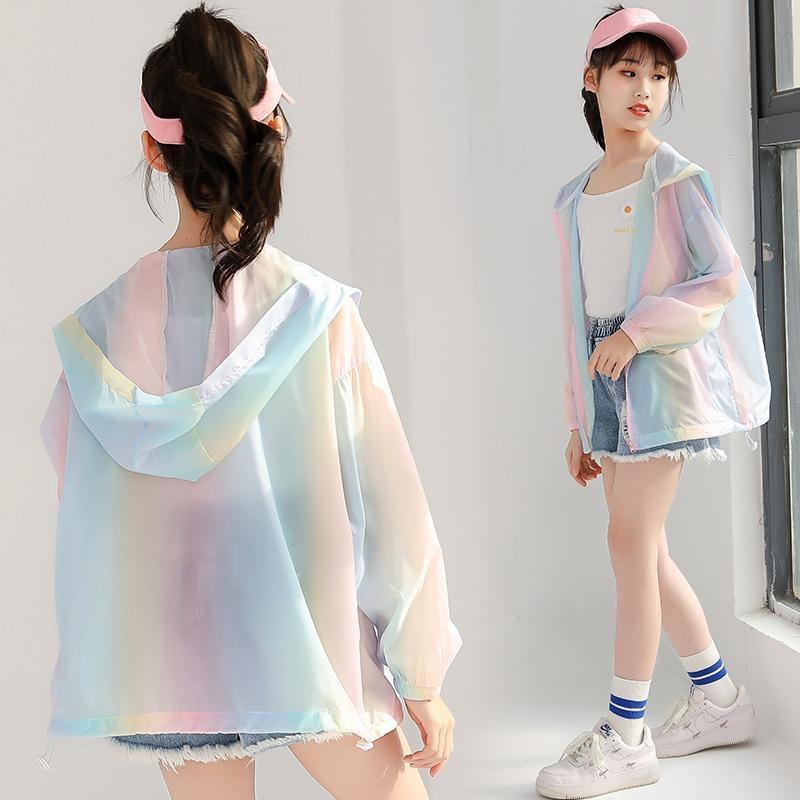 Girls Summer Sun Protection Coat Rainbow Thin Style Princess Jacket Outdoor Activity 3-12 Years Children Clothing