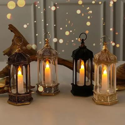 1pcs Button Battery Candlestick Lamp Christmas Decorations  Hexagonal Candle Holders  Small Wind Lamps Portable Night Light
