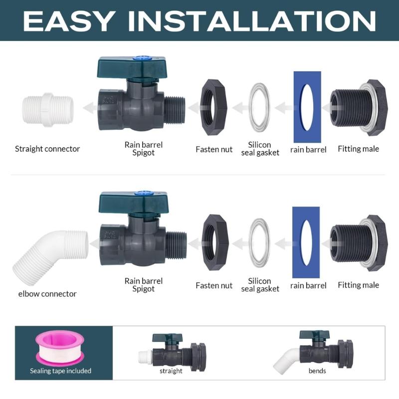 Complete Rain Barrels Spigot Faucet System 2 PVC Ball Valves Garden Hose Connectors For Rainwater Collection Harvesting