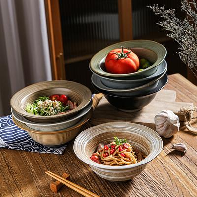 Vintage Japanese Handmade Ceramic Pasta Bowl Set with Coarse Pottery Texture