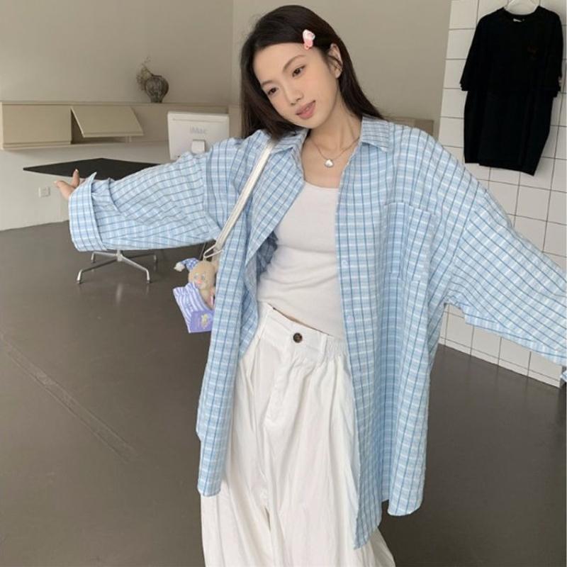 Women's Blue Checkered Long Sleeve Shirt Lapel Collar Casual Blouse Stylish Loose Button Down Shirts Fashion Office Wearing