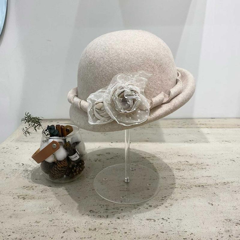 Little Rose~ Flower Mesh Woolen Bucket Hat Elegant Celebrity Wind Curled Top Hat Ladies Autumn And Winter Warmth