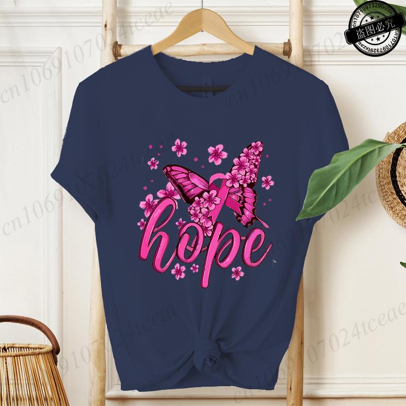 Hope Pink Ribbon Butterfly Breast Cancer Awareness Warrior Print Women's T-Shirt,Graphic Tee Tops,Casual Streetwear Fashion Tops