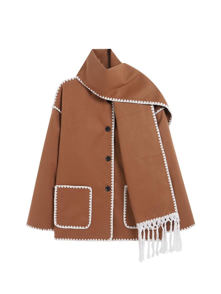 2023 Autumn/Winter European & American Fashion Women's Woolen Coat with Scarf Tassel