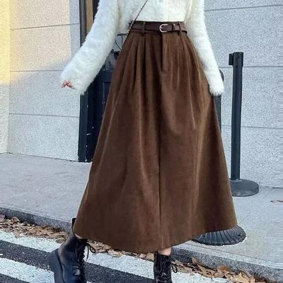 Women Skirt High Waist A-Line Large Hem Design Midi Skirt Solid Color Autumn Winter Draped Skirt Daily Wear
