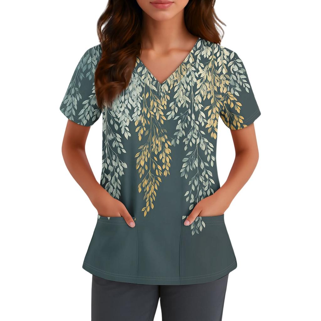 Niedlich bedruckte Arbeitskleidung für Damen, V-Ausschnitt, doppellagige Taschen, Basic-Kurzarm-Oberteil, Pullover