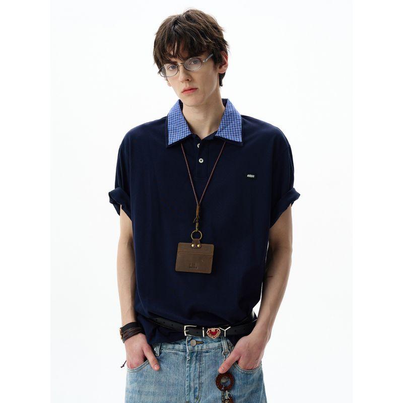 Madwitch American Retro Spliced Double-Collar Polo Short-Sleeved T-Shirt for Men and Women, Loose Casual Contrasting Color Couple Tops