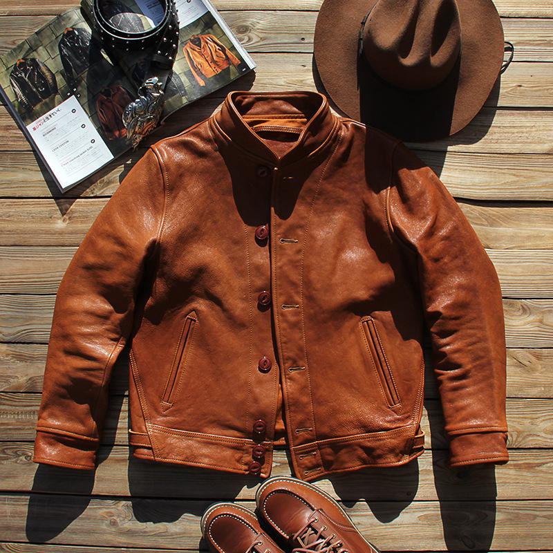 Men s American Retro Stand Collar Single-Breasted Genuine Goatskin Leather Jacket 2XL оранжевый
