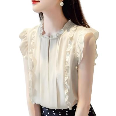 Frilled Front Slit Frilled [J-Scott] Blouse, Chiffon, Button, Neck, Sleeves, Sleeveless, Cool, White, JS72-WH-XL