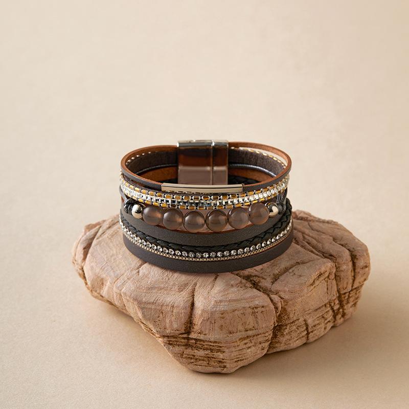 Bohemian Retro Multilayer Women Glass Drill Leather Magnetic Buckle Bracelet
