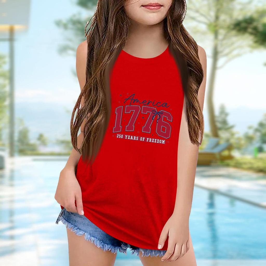 Girls  Kids Summer Crewneck Sleeveless Shirts Tank Tops Independence Day