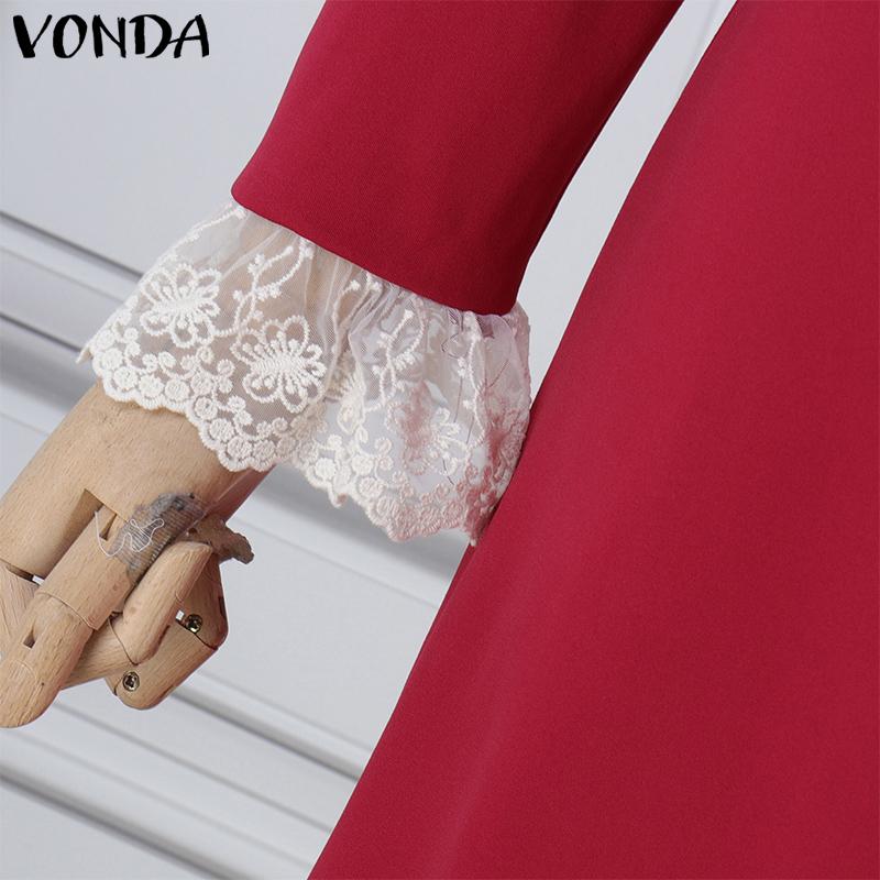 VONDA Women Autumn Lace Round Neck Long Sleeve Dresses