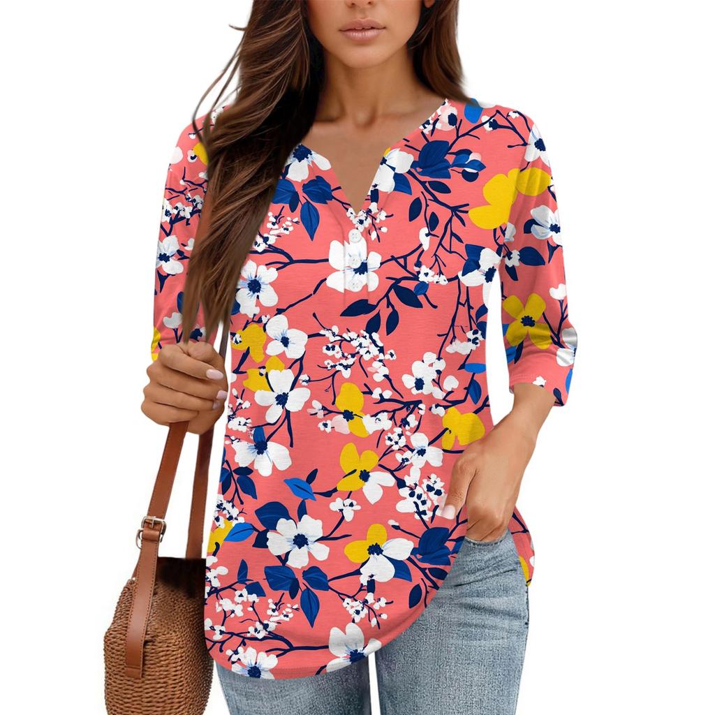 Damen V-Ausschnitt Freizeit Dreiviertelarm Knopf-Detail Top mit Blumenmuster