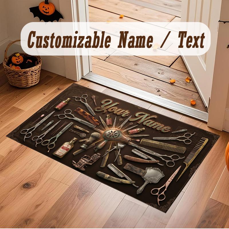 Barber Salon Theme Soft Crystal Velvet Rug Custom Name & Text Print Non Slip Floor Rug for Bedroom Living Room
