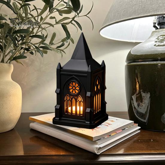 Veelzijdige Plankenstandbeeld Gotische Kathedraal LED Kaarslantaarn, Kerkvormige Vlamloze Theelichtlamp, Feestdecoratie Spookachtige Vintage Bureau Nachtlamp