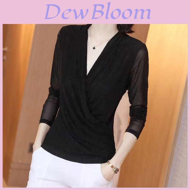 Elegant Womens V Neck Mesh Long Sleeve T Shirt With Spliced Design For Casual Wear