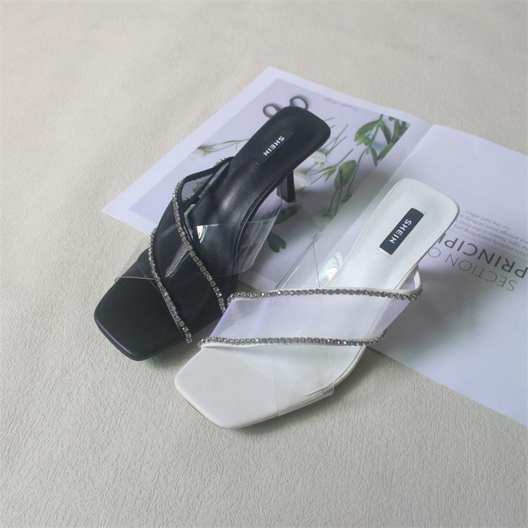 Fashion Big Size Shoes Ladies' Slippers Rubber Flip Flops Square Toe Thin Heels Heeled Mules Slipers Women Glitter Slides Hawaiian High