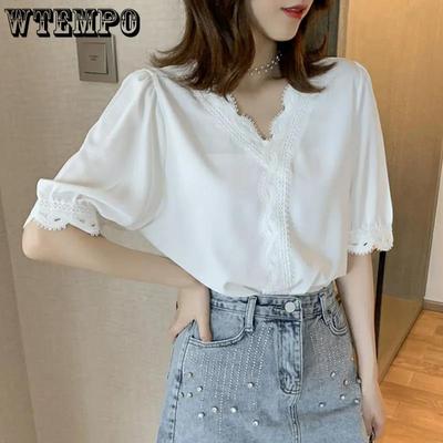 Shirt Female Design Sense Niche Top Three-quarter Sleeves Loose Summer T-shirt Lace Stitching Chiffon Shirt Professional Top Suit Suit