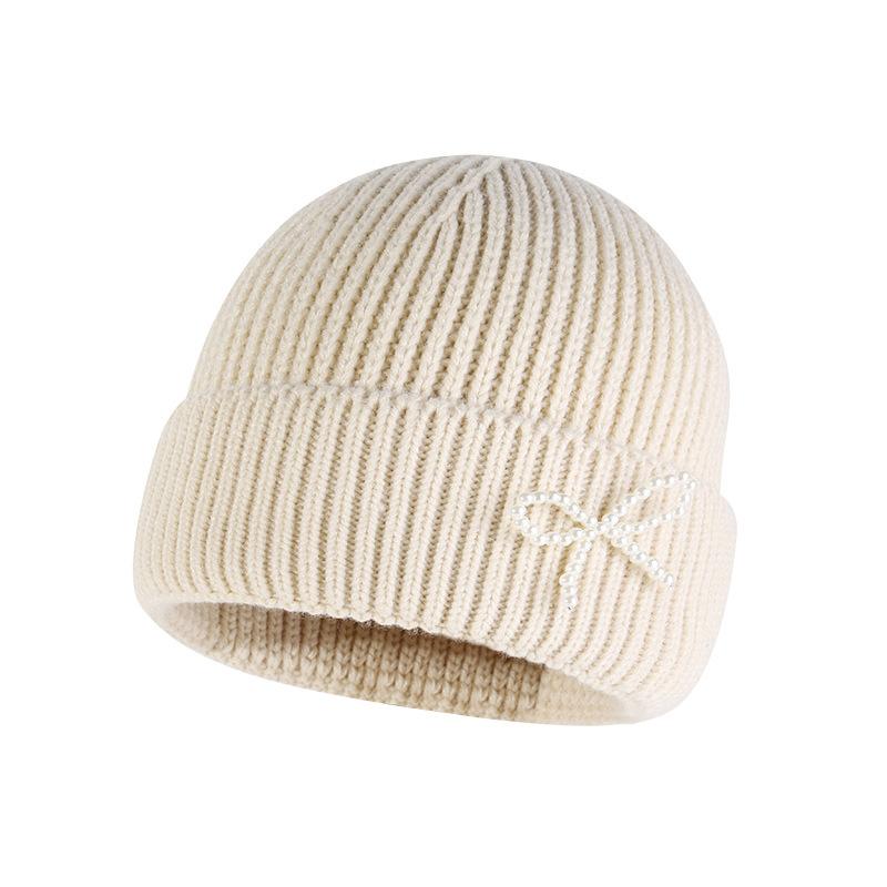 Pearl Bow Autumn and Winter Warm Woolen Hat for Women Korean Knitted Hat Showing Face Small Versatile Couple Pullover Cold Hat