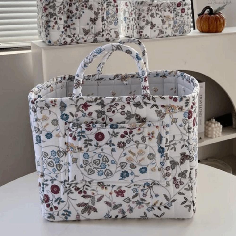 With Side Pocket Laundry Organizer Floral Print Quilted Storage Basket Shopping