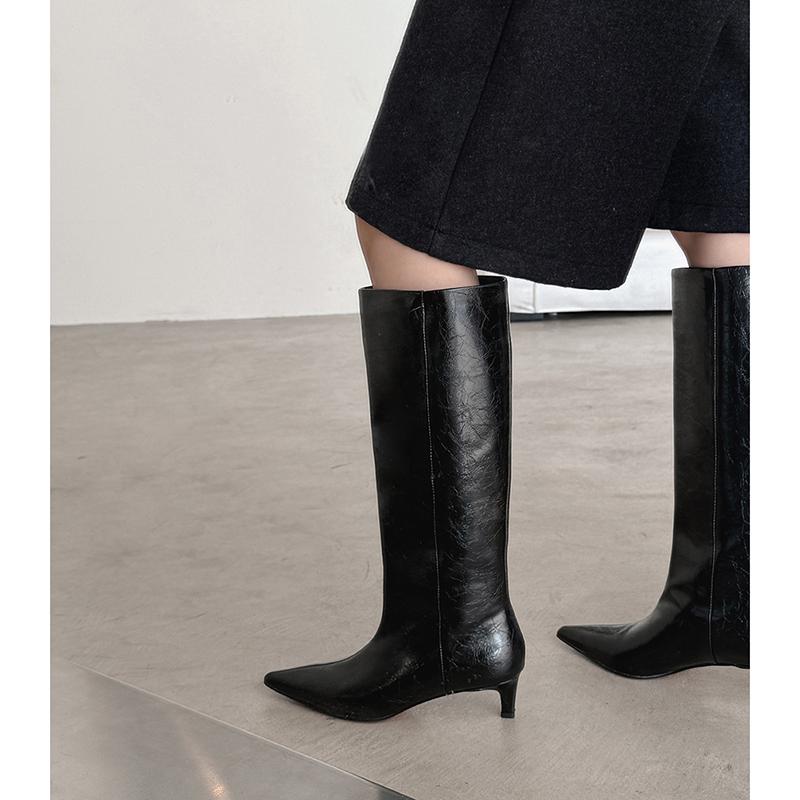Autumn Women Boots Split Leather Women Shoes Pointed Toe Chunky Heel Slip-On Knee High Boots Western Modern Ladies Boots