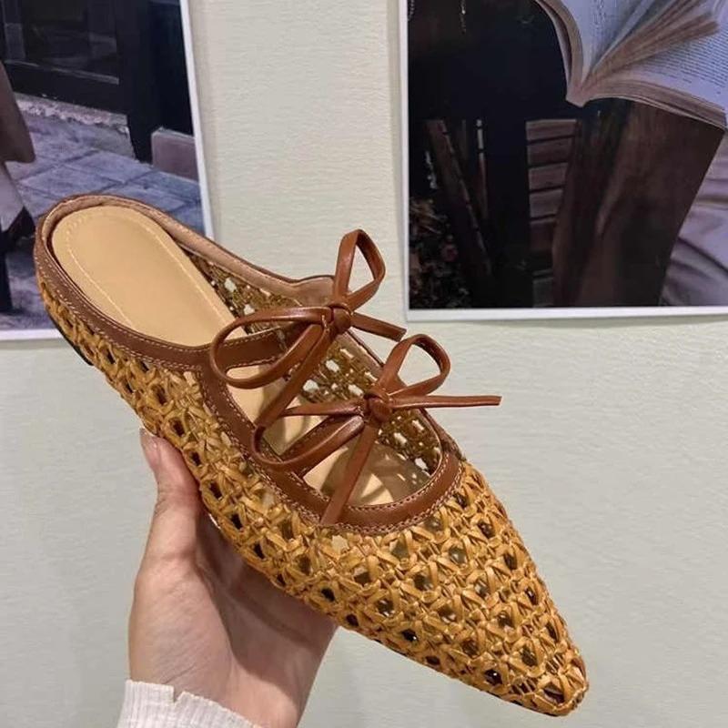 

Fashion Comfortable Hollow Weave Women Mules Slippers Fashion Bow Decorative Brand Slide Sandals Elegant Non-slip Outdoor Beach Sandals 42 хаки