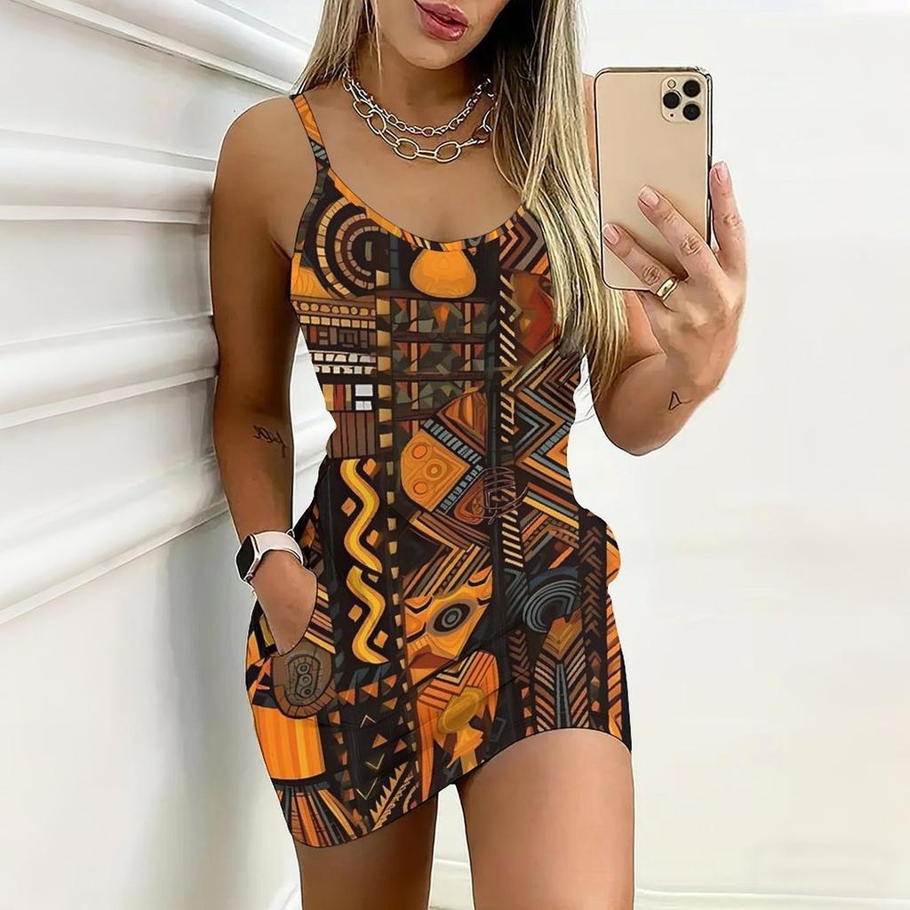 Robe moulante sans manches imprimée géométrique rétro d'été avec poches Sexy Coupe ajustée Élégante Robe de soirée