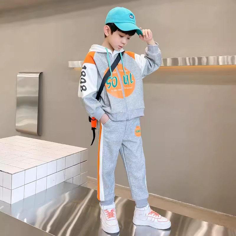 Boys Spring Fashion Letter Print Hooded Baseball Jacket Trousers Two-piece Set