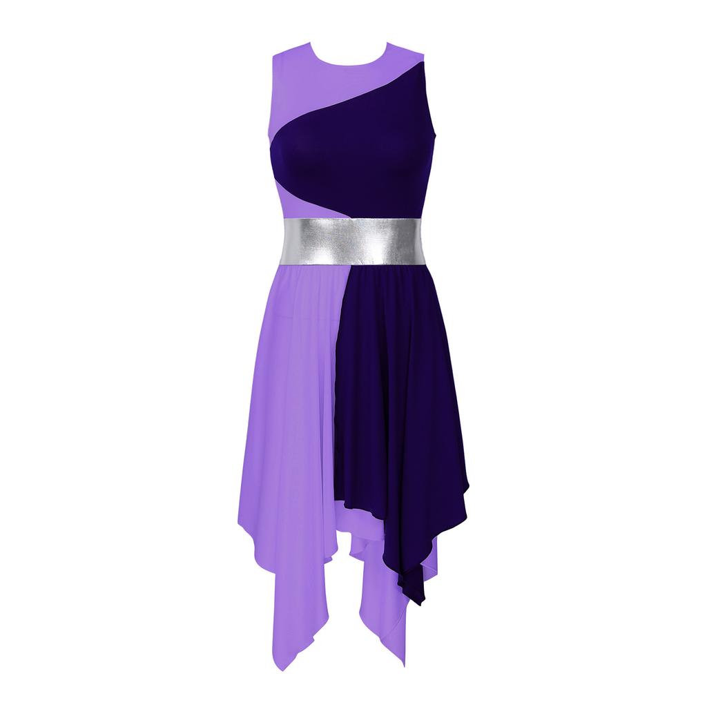 Womens Color Block Dance Dress Sleeveless Round Neck Design Asymmetrical Hem Performance Party Wear