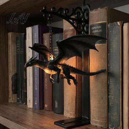 Magische Bücherregal Dekoration Fliegende Drachenlampe Warmes Hänge-Nachtlicht Fantasy-Skulptur mit Ständer Lese-Ecke Dekor Einzigartiges Geschenk für