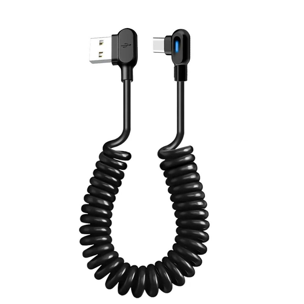 Black USB C To Type C Fast Charging Cable Elbow Car Spring Data Cable for Samsung Huawei Xiaomi Car