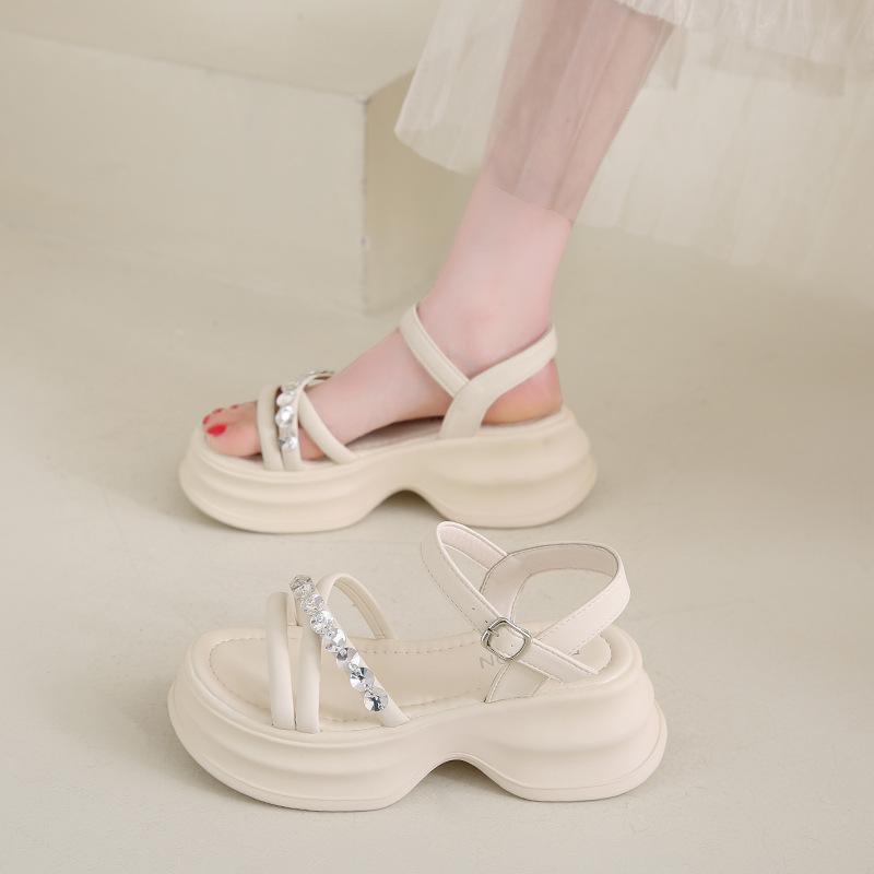 

thick-soled high-heeled sandals women s summer new heightening soft-soled high-end shoes rhinestone beach shoes 35