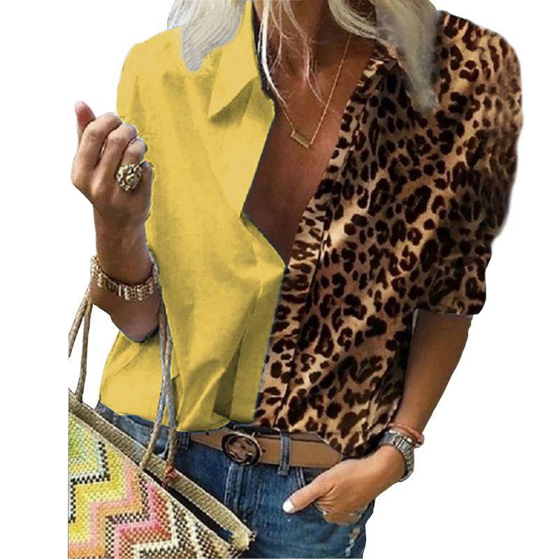 

European and American-Style Leopard Print Loose Spring and Autumn Long-Sleeve Shirt Yellow L