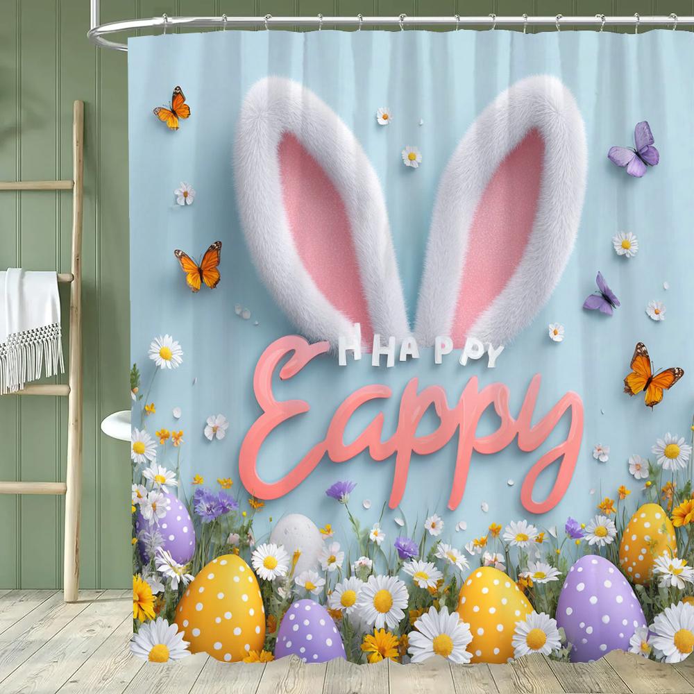 Happy Easter Shower Curtain,Egg and Rabbit Cartoon Printed Polyester Fabric Decorative Bathroom Curtain, Home Curtain with Hooks