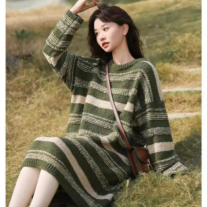 Fashionable Striped Knitted Sweater Dress for Women, Loose Fit and Lengthy, Thickened and Soft Dresses