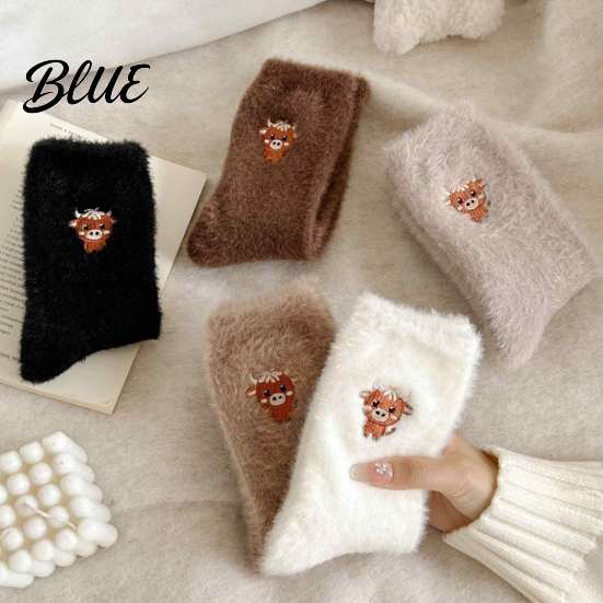 Cute Cartoon Embroidery Socks 5 Pairs Imitation Mink Plush for Women Soft Thermal Winter Socks Non Slip Velvet Thickened Sleep with Embroidery,