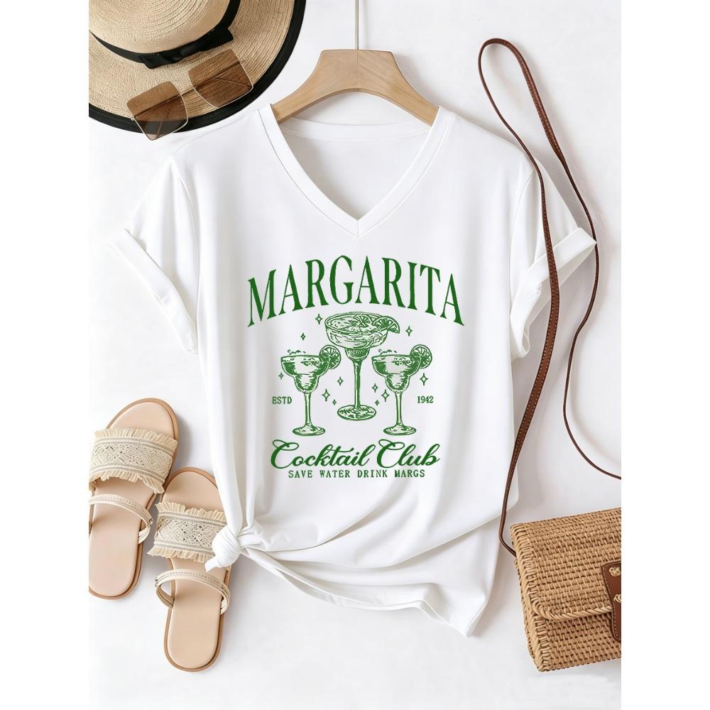 Trendy T-shirt V Neck Casual Fashion Vintage Drinking  Printed T Shirts Women Short Sleeve Tee Shirt V-Neck Summer Spring